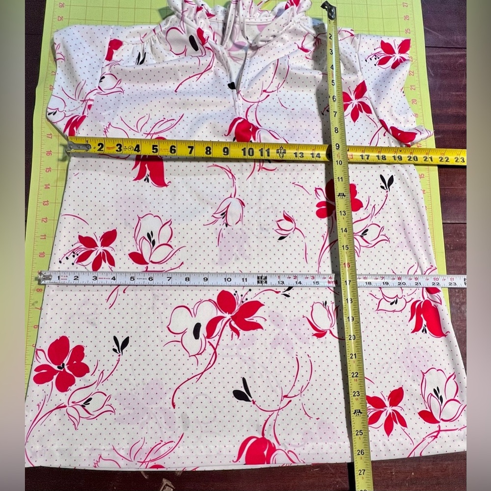 VINTAGE 70s floral ruffle bow tie neck short cap sleeve blouse‎ red flowers dots - Picture 4 of 8
